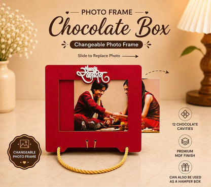 Red photo frame chocolate box with a couple picture on a table.